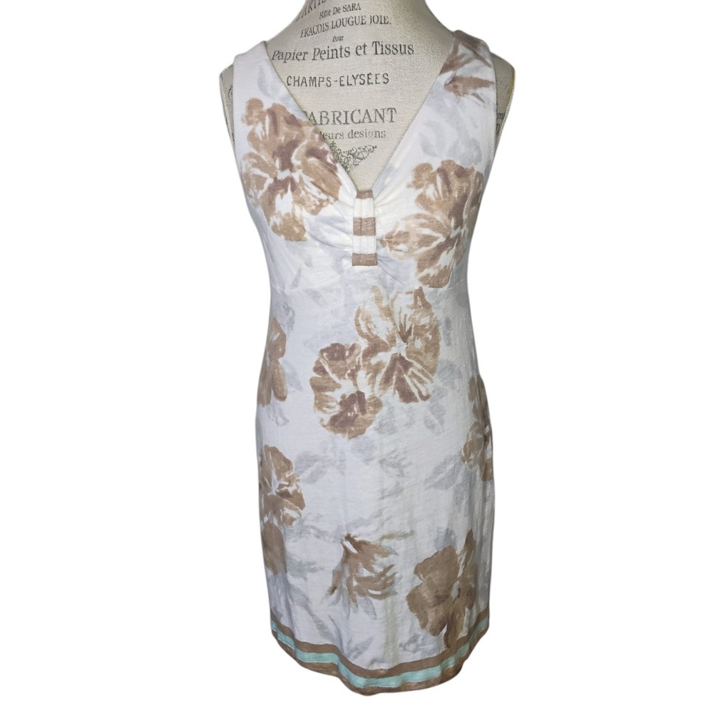Tommy Bahama Dress Floral Linen Sleeveless Shift White Brown Women Large Beach